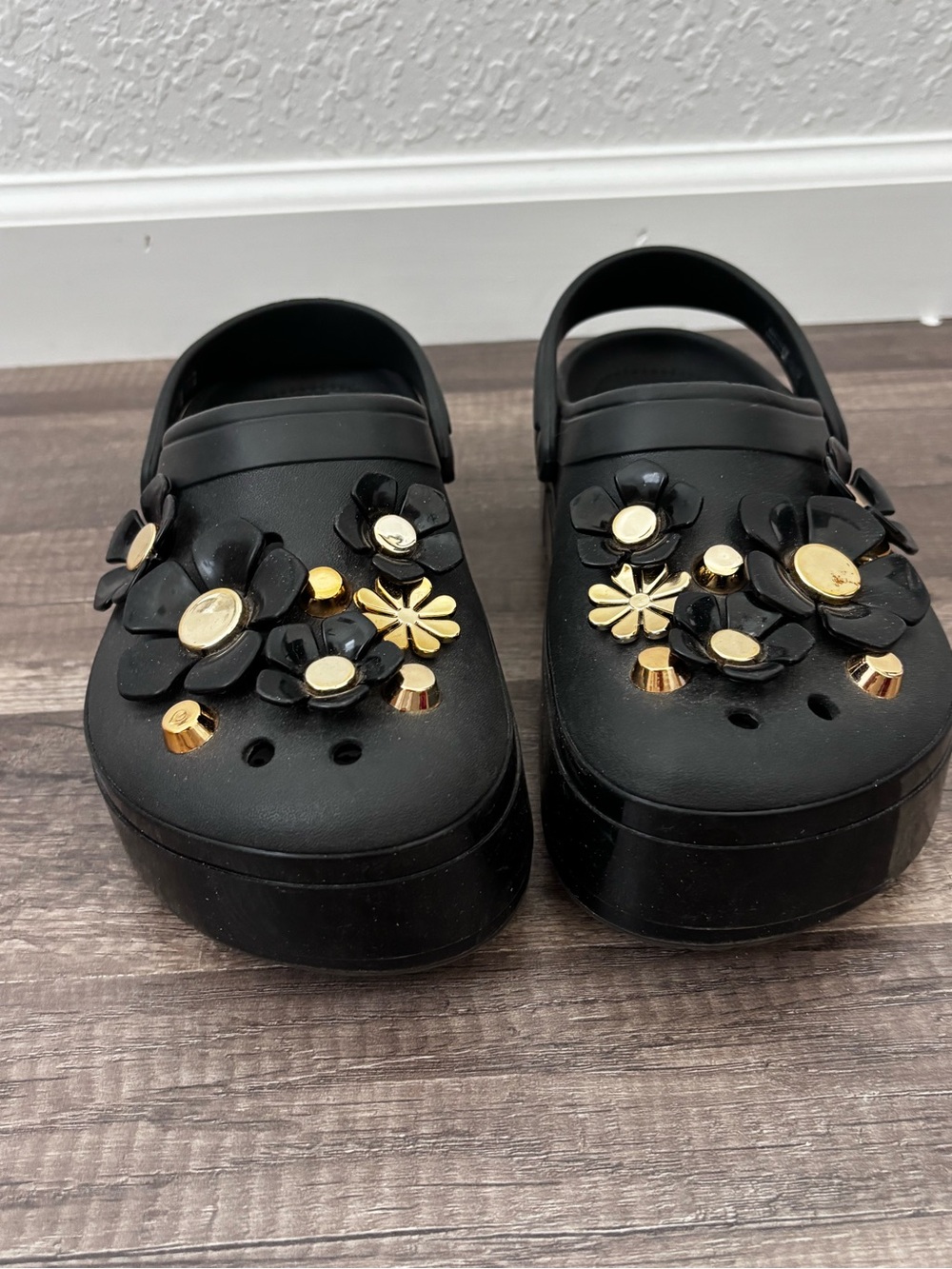 CROCS Black Platform Clogs with Gold Floral Studs